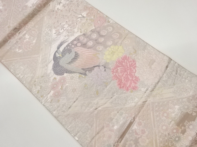 孔雀に花々・菱・古典柄模様織出し袋帯